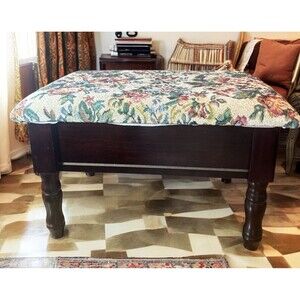 Vintage Footstool Floral Tapestry Cushion W/ Lid Small sewing box Dark Wood Legs